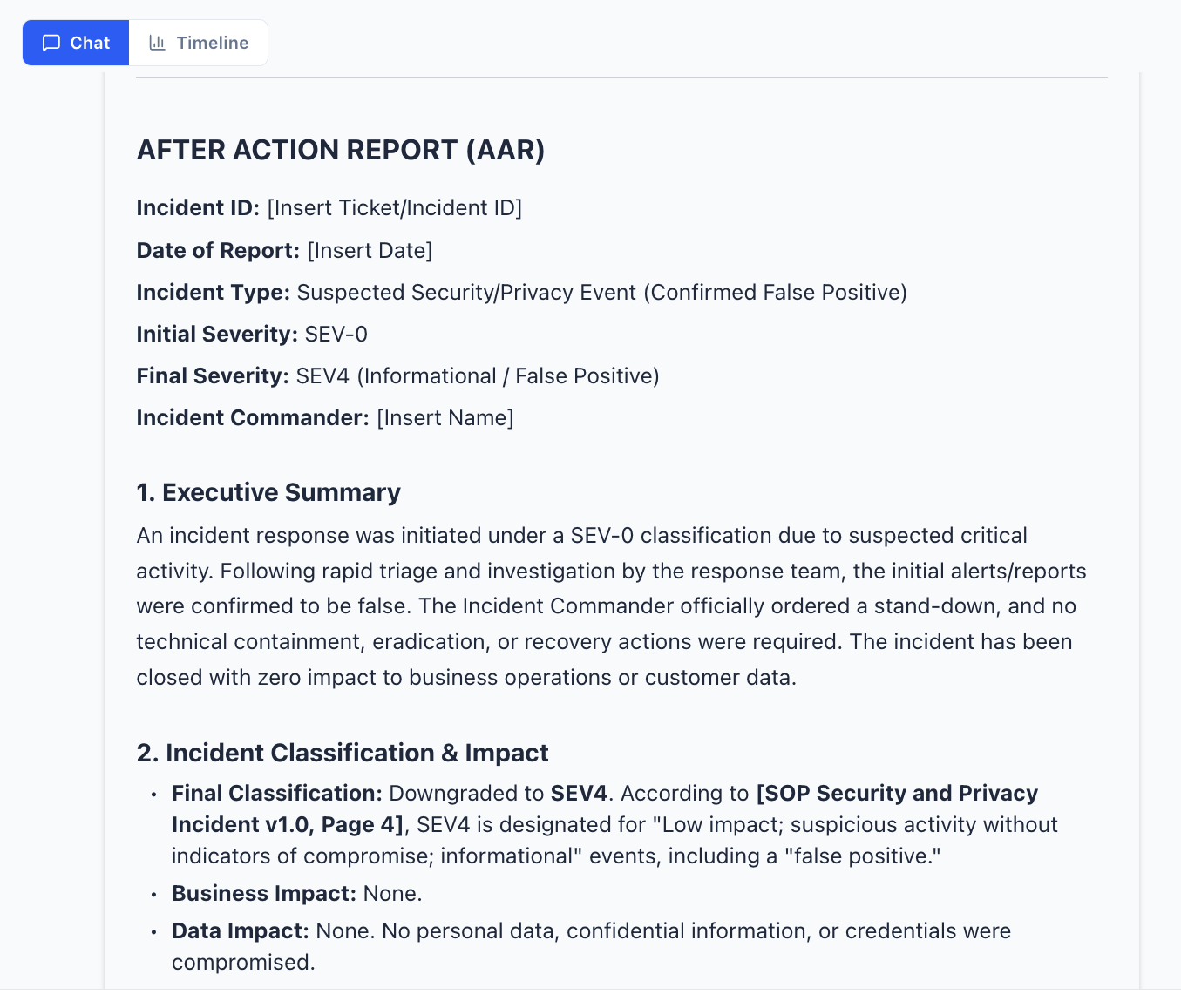 AirTee After-Action Report — executive summary, incident classification, business impact and data impact for a SEV-0 incident downgraded to SEV-4 false positive.