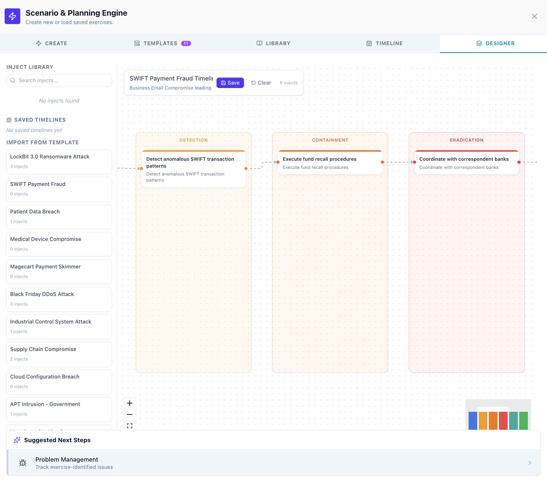 AirTee Exercise Designer — drag-and-drop inject library onto a Detection, Containment and Eradication timeline, with template scenarios for ransomware, payment fraud, ICS and supply chain attacks.
