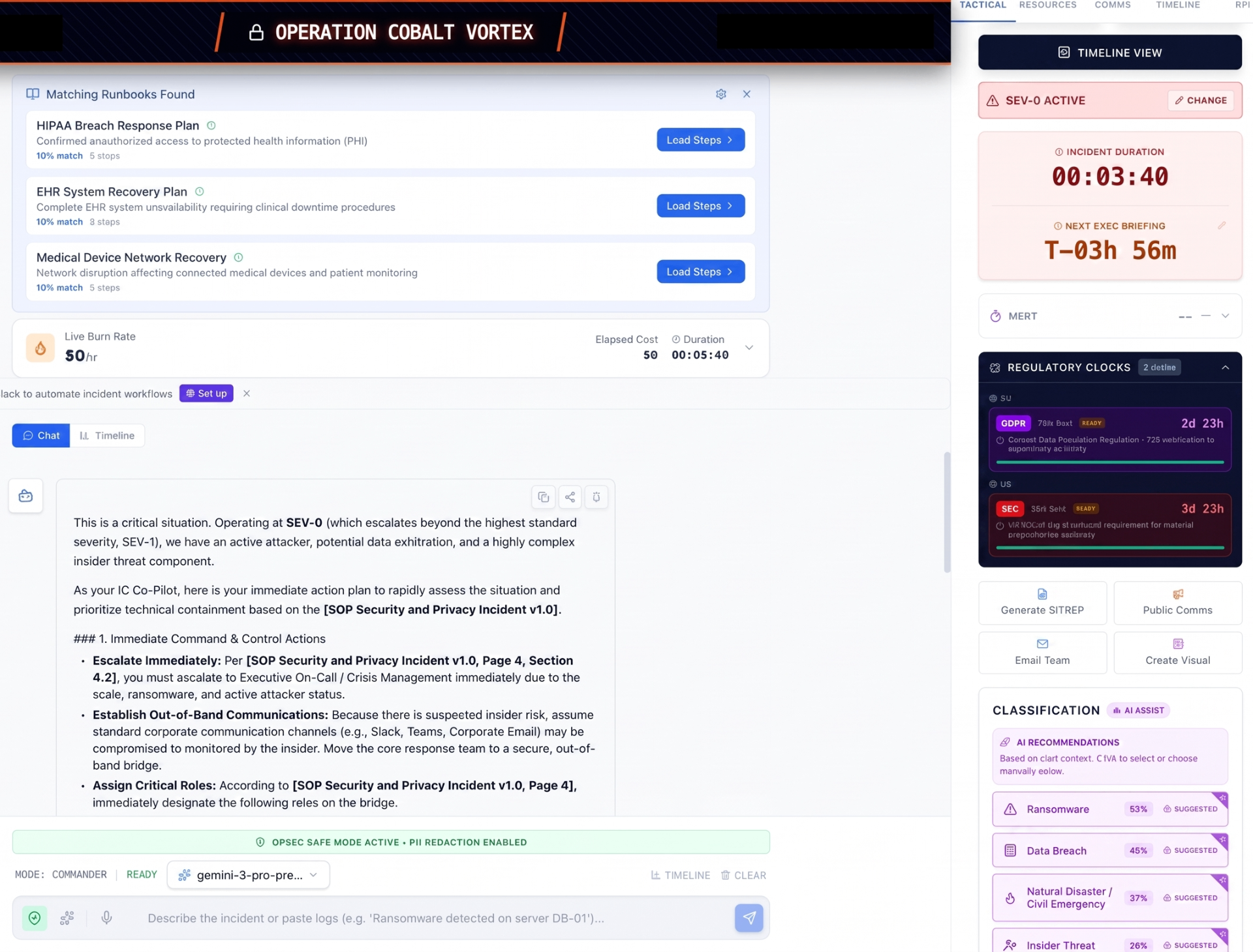 AirTee Incident Commander view — active SEV-0 with matching runbooks, GDPR and SEC regulatory clocks, AI co-pilot guidance and live classification.