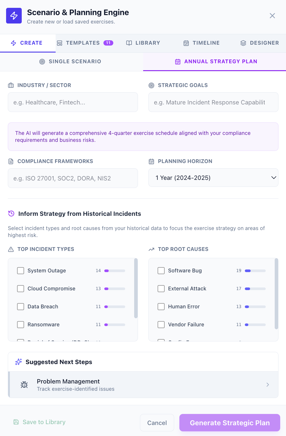 AirTee Scenario & Planning Engine — annual strategy plan view with industry, compliance frameworks, planning horizon and historical incident inputs.